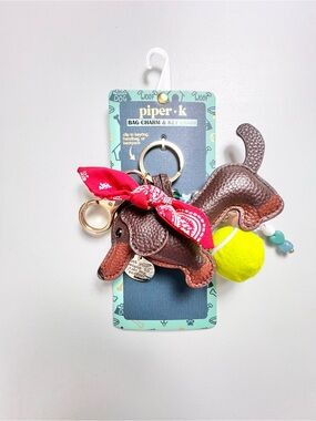 NWT Piper K Dachshund Bag Charm Key Chain Weiner Dog Tennis Ball Sparkling Bone